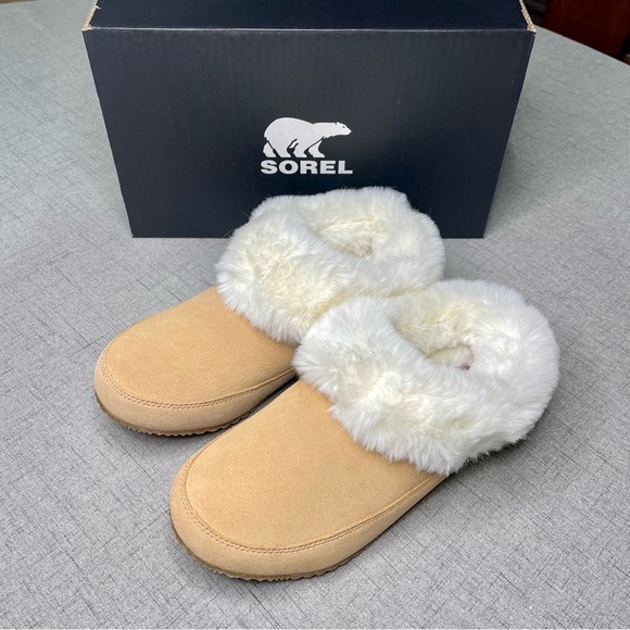 Sorel Women’s Go Coffee Run Slippers Tan Suede Leather Fur Slip On Shoes NWT - Picture 7 of 16